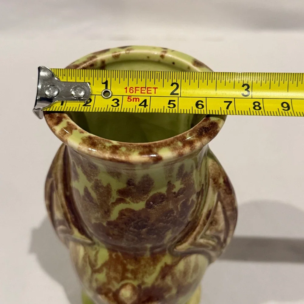 Vintage 1940s USA Art Pottery Vase Green Brown Mottled Drip Glaze Wing‎ Handles